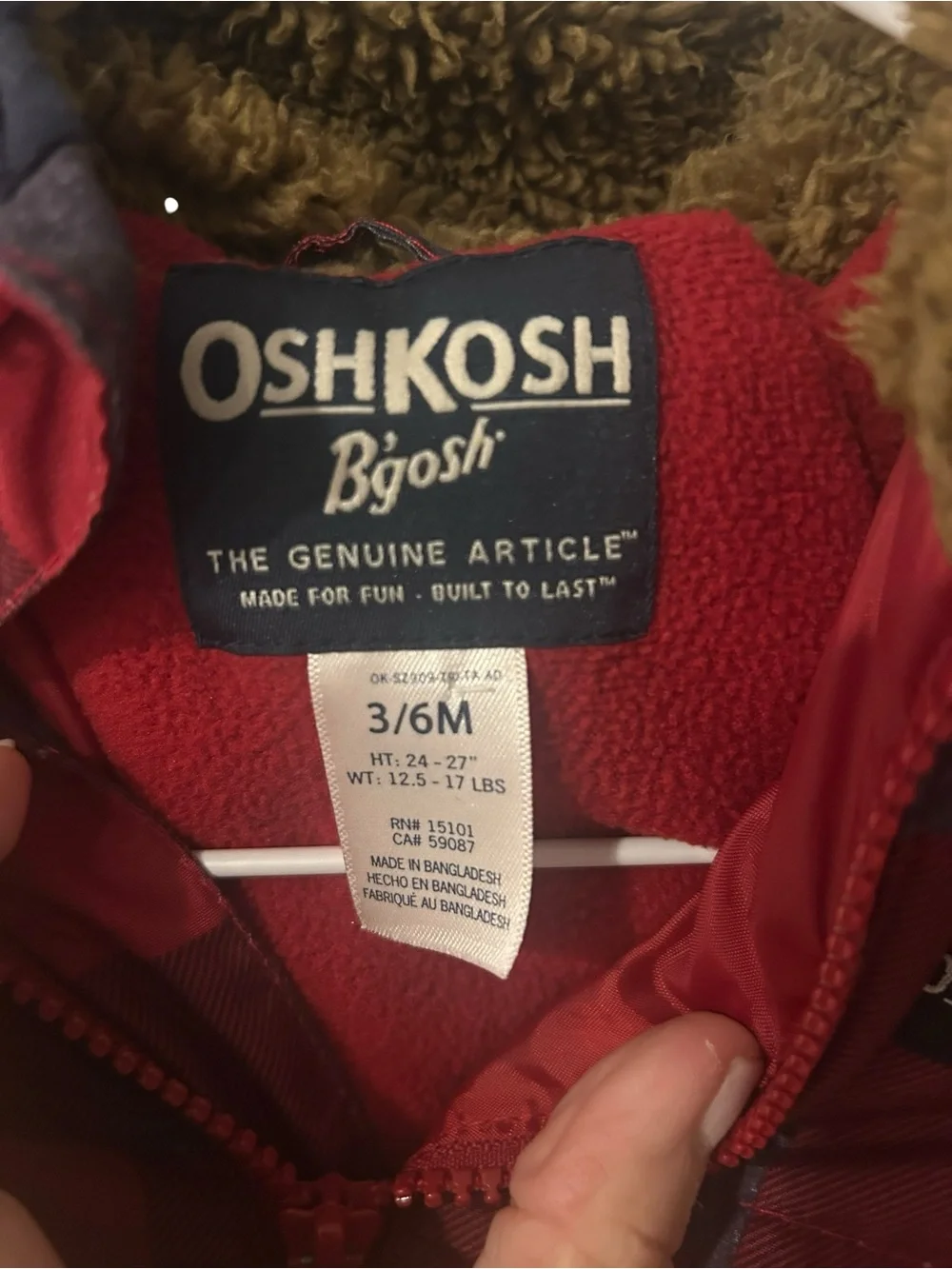 OshKosh B'gosh Red Buffalo Plaid Puffer Snowsuit 3-6 months